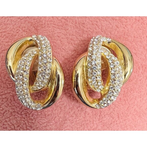Vtg Christian Dior Earrings Signed Rhinestone Gold tone Runway Statement Clip On - Picture 3 of 11